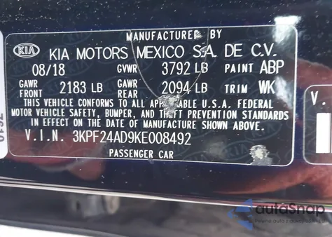 2019 Kia Forte Lxs from USA, damaged, VIN 3KPF24AD9KE008492